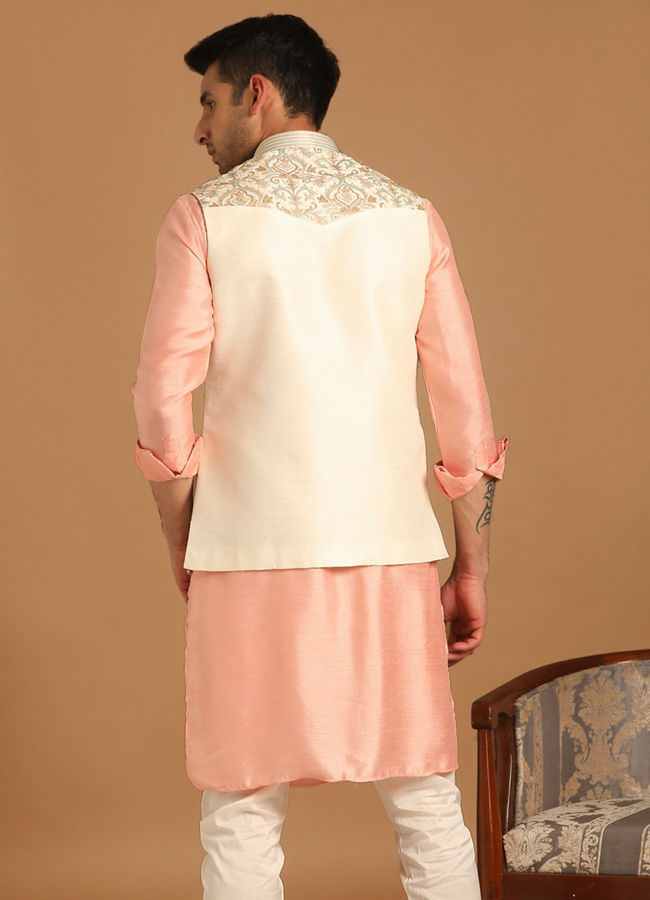 Cream And Gajaree Kurta Jacket Set image number 2