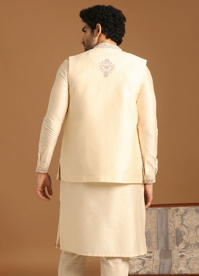 alt message - Manyavar Men Cream Floral Print Festive Kurta Jacket Set image number 2