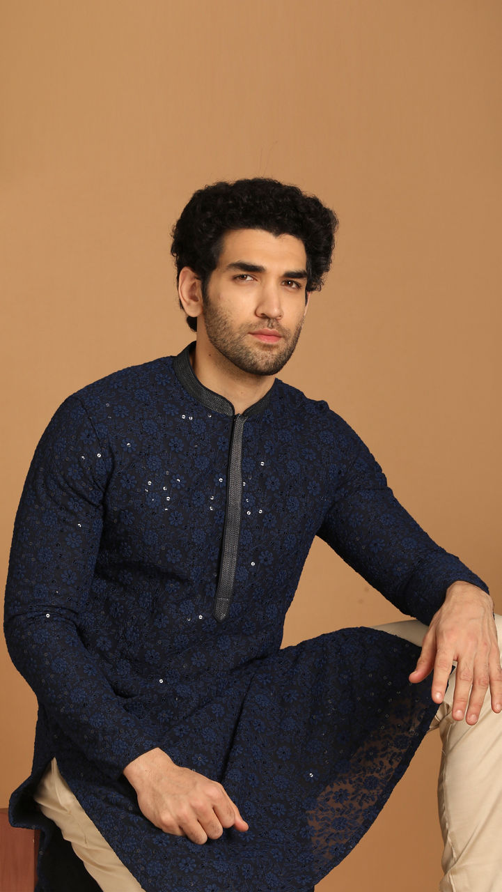 Manyavar Men Blue Georgette Kurta Set