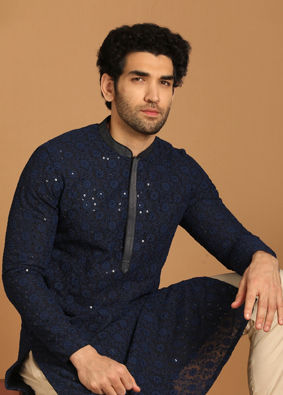 alt message - Manyavar Men Blue Georgette Kurta Set image number 0