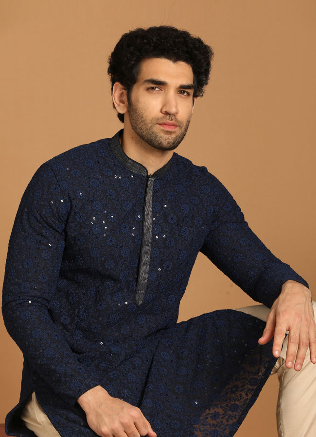 alt message - Manyavar Men Blue Georgette Kurta Set image number 0