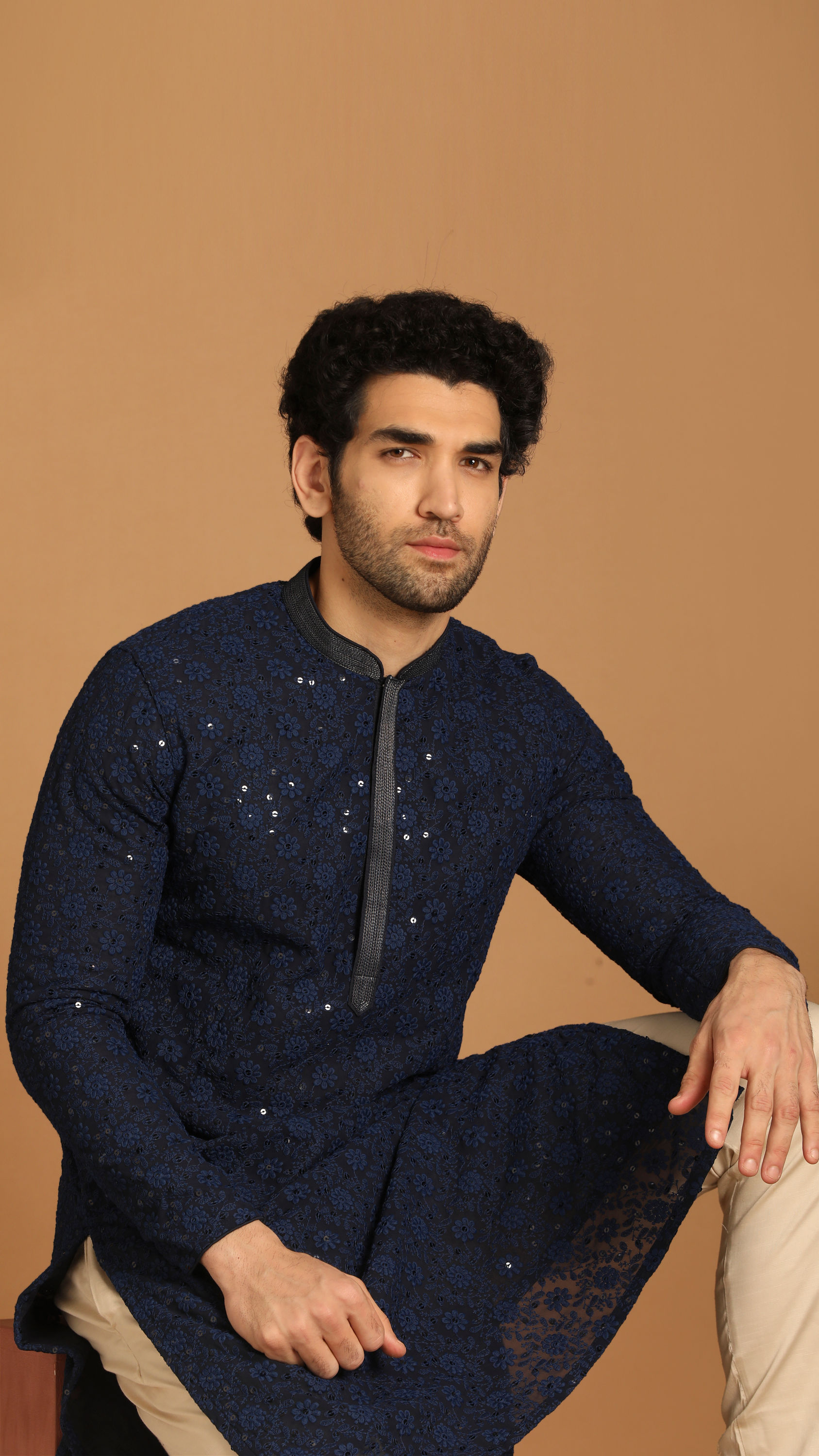 Manyavar Men Blue Georgette Kurta Set