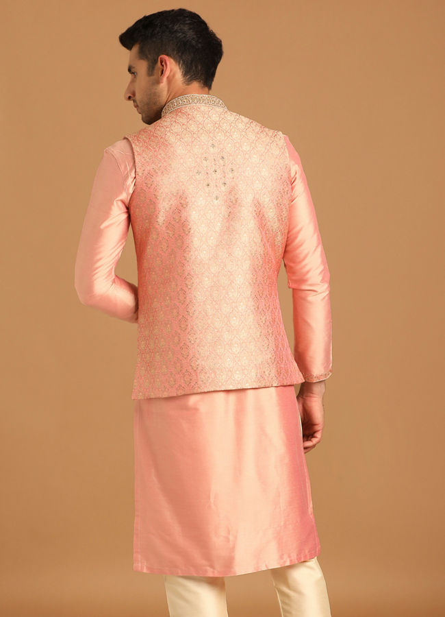 alt message - Manyavar Men Gajaree Pink Celebration Wear Kurta Jacket Set image number 2