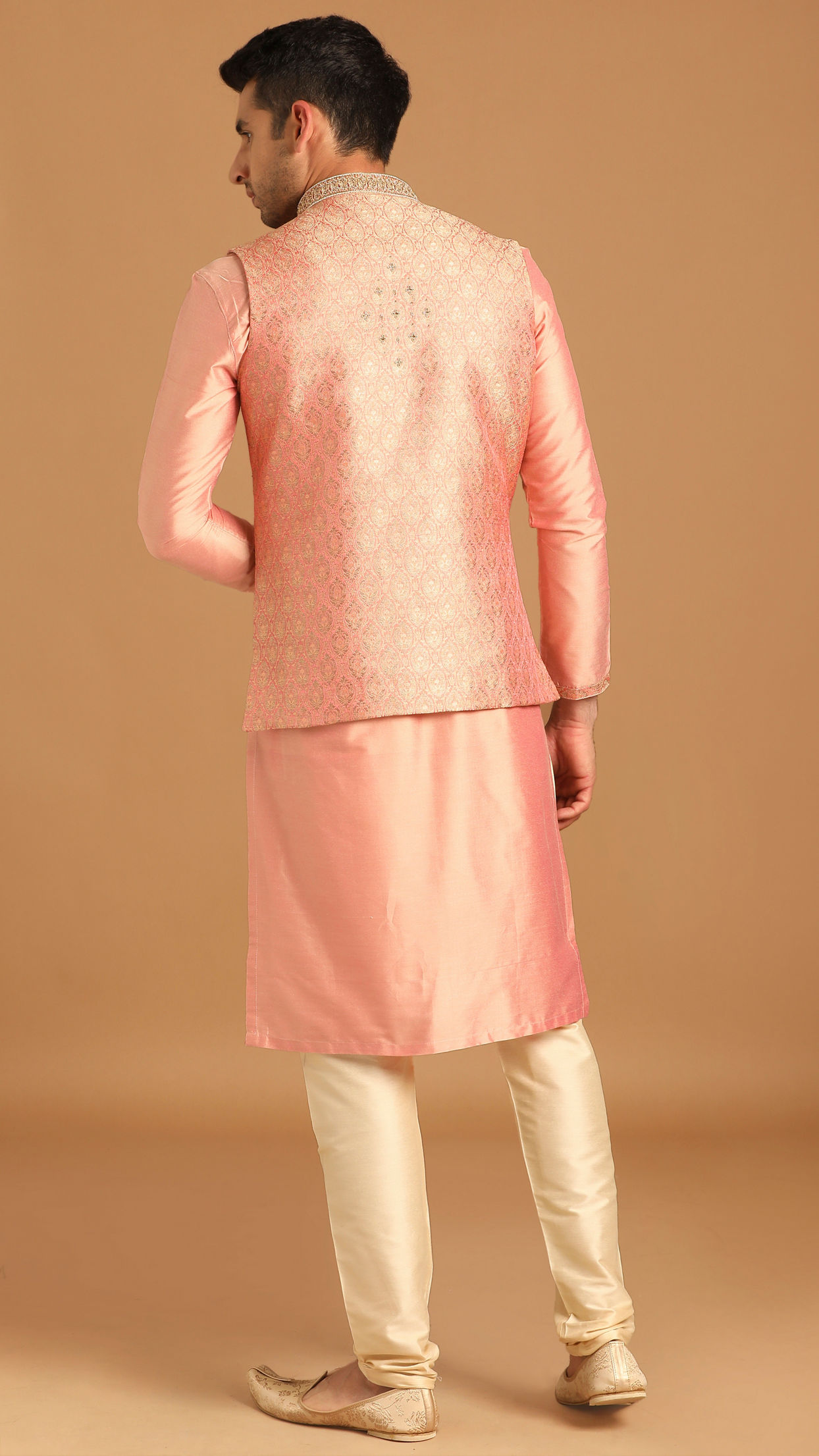 Manyavar Men Gajaree Pink Celebration Wear Kurta Jacket Set