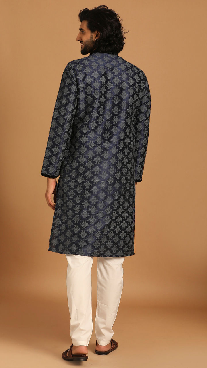 Manyavar Men Royal Blue Self Design Kurta Pajama