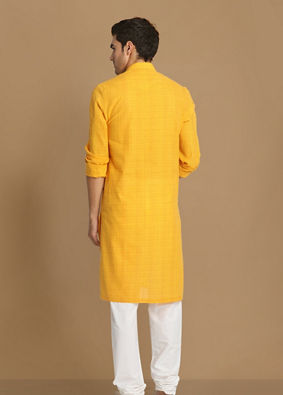 Manyavar Men Canary Yellow Self Striped Kurta image number 2