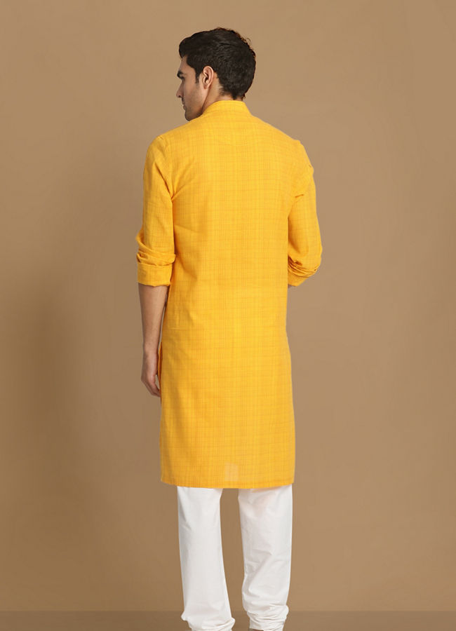 Manyavar Men Canary Yellow Self Striped Kurta