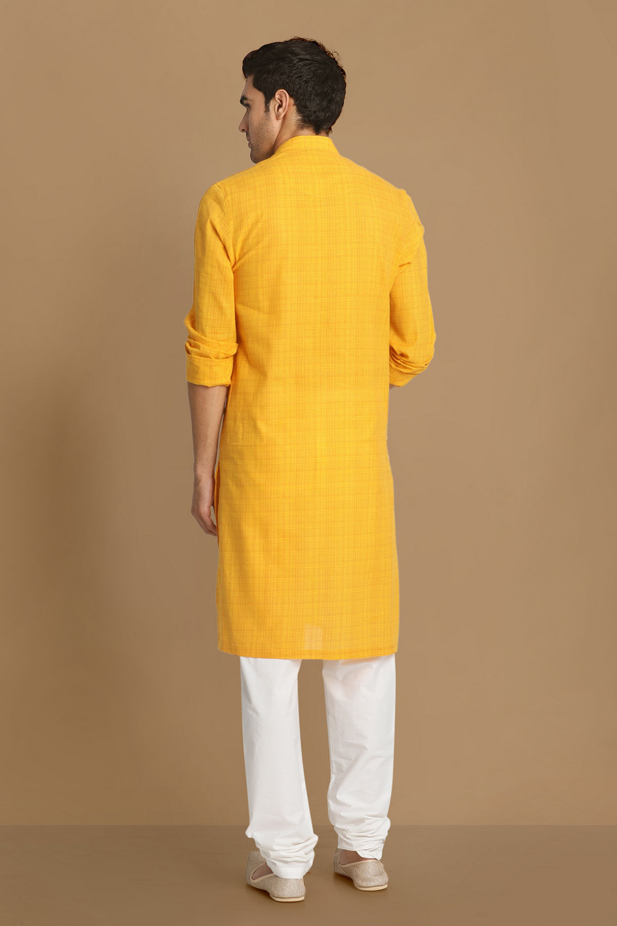 Manyavar Men Canary Yellow Self Striped Kurta image number 2