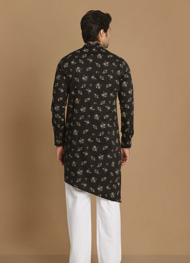 Manyavar Men Black Side Open Floral Print Kurta