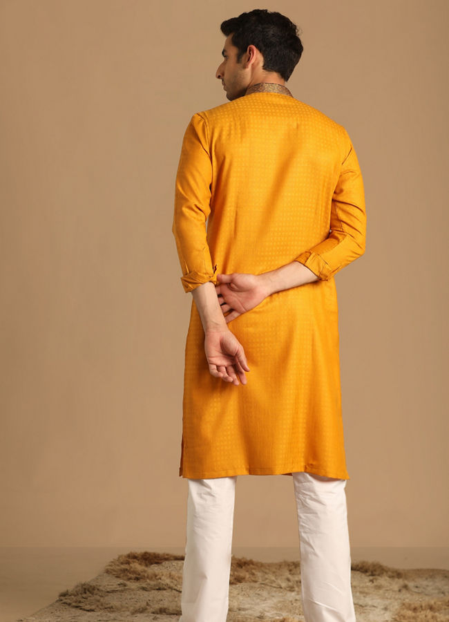 alt message - Manyavar Men Mustard Yellow Kurta With Neck Detailing image number 2