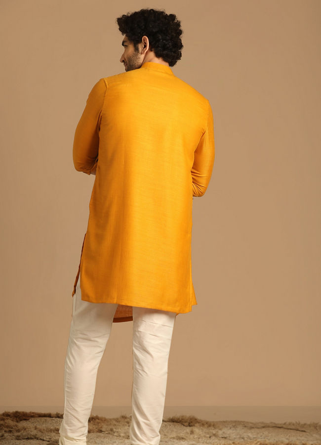 Manyavar Men Mustard Yellow Side Open Asymmetric Kurta