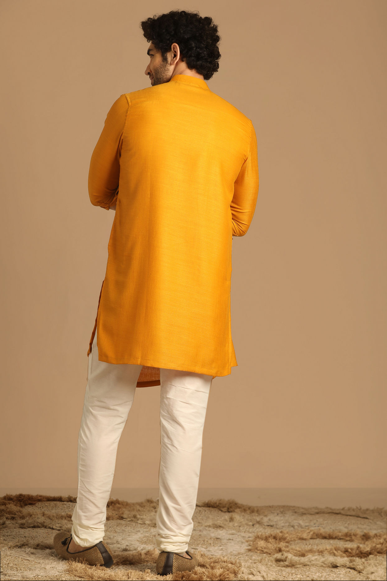 Manyavar Men Mustard Yellow Side Open Asymmetric Kurta