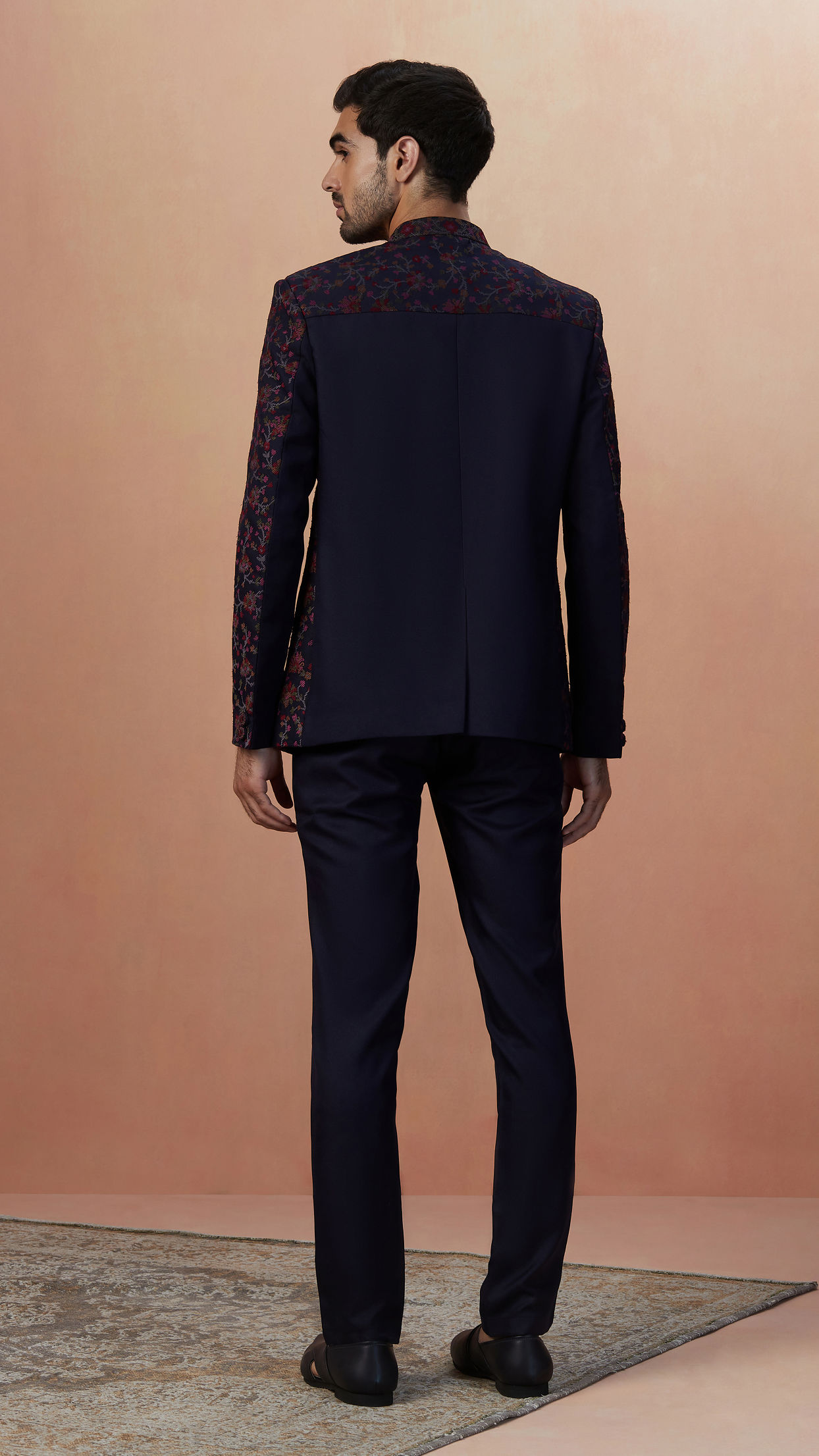 Manyavar Men Dark Blue Self Weaved Bandhgala Indo Western