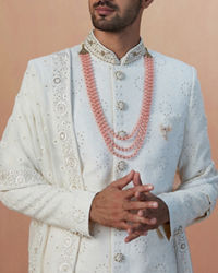 Manyavar Men Pearl White Chikankari Sherwani With Dupatta