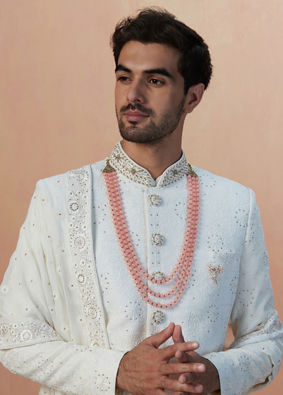 Manyavar Men Pearl White Chikankari Sherwani With Dupatta