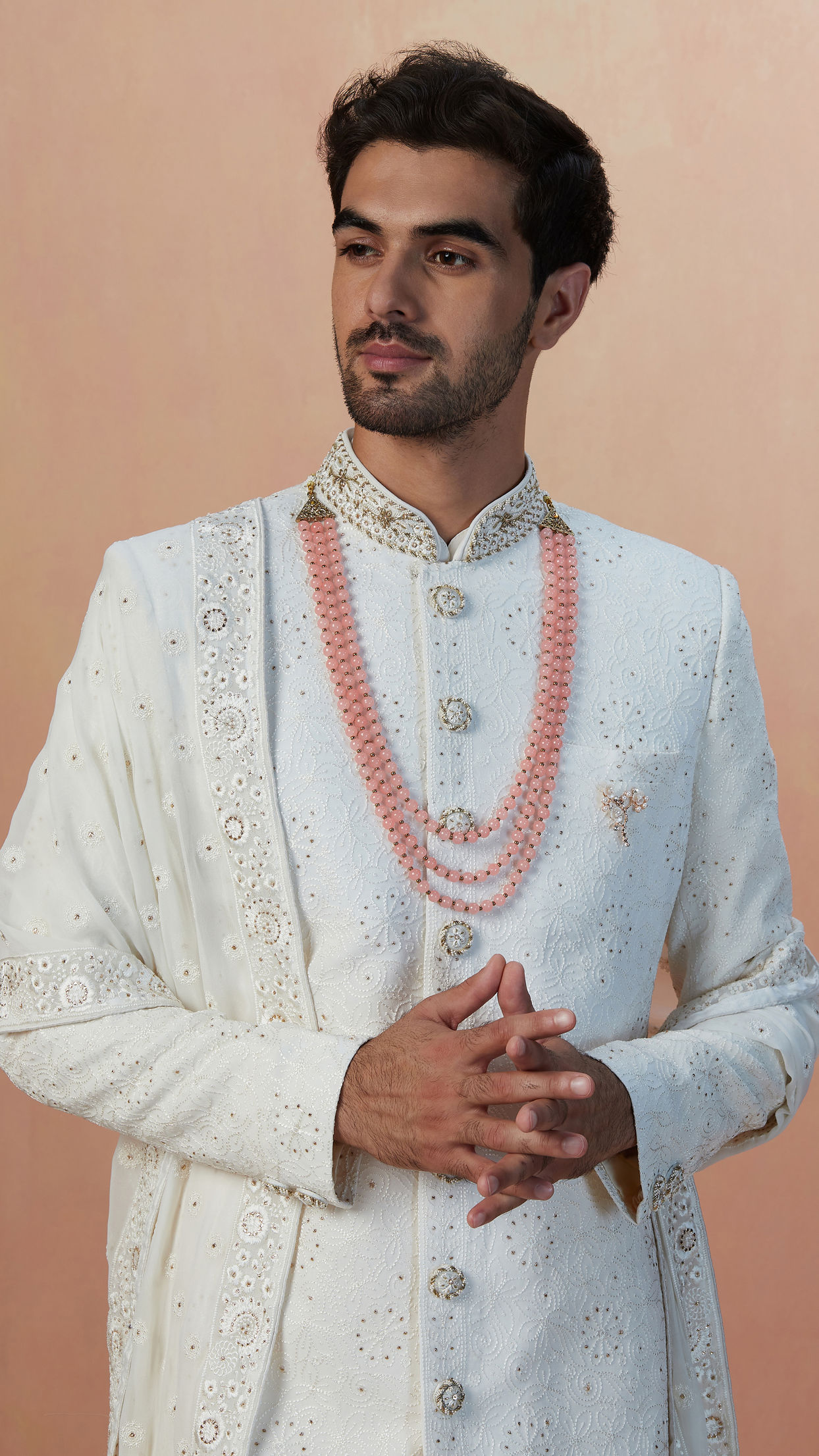 alt message - Manyavar Men Pearl White Chikankari Sherwani With Dupatta image number 0