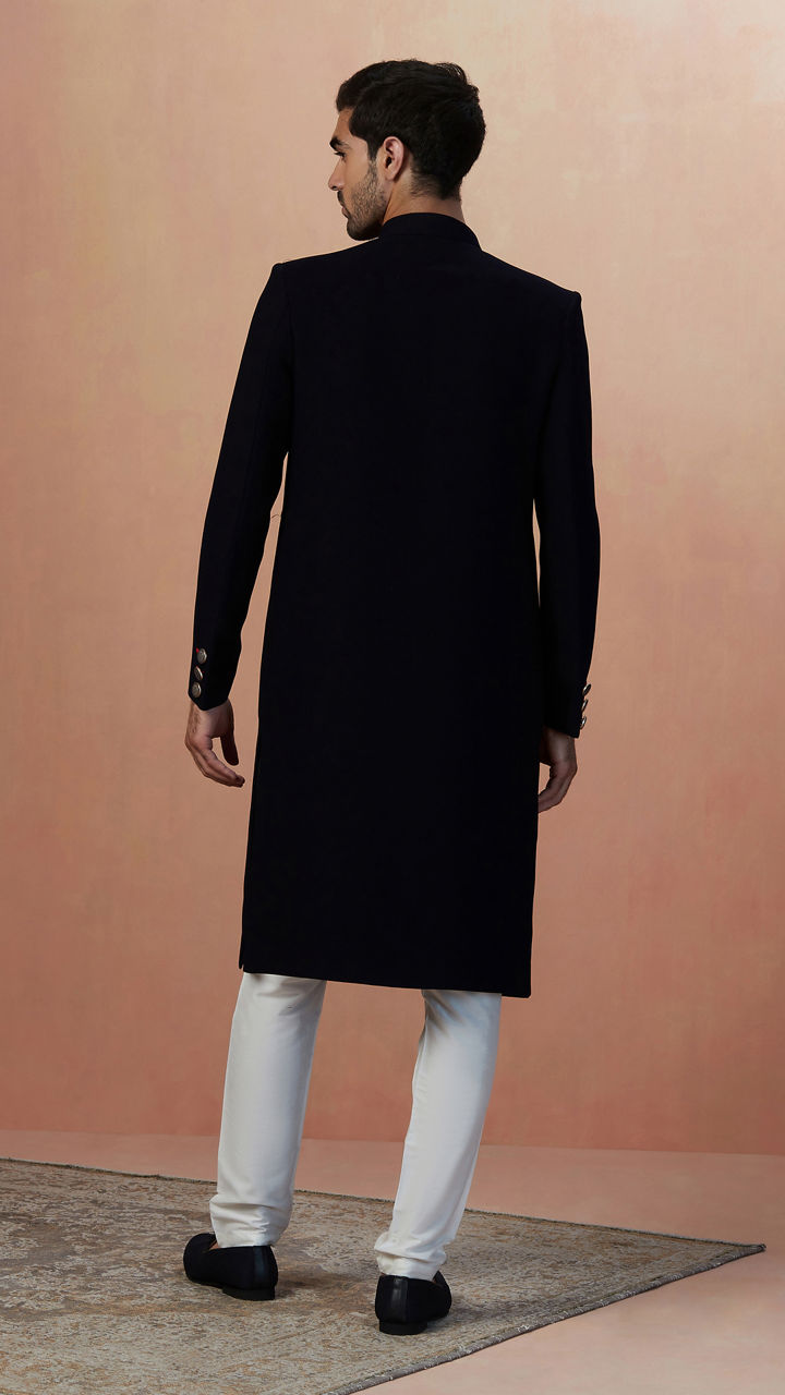 Manyavar Men Blue Rayon Self Texture Embroidered Sherwani