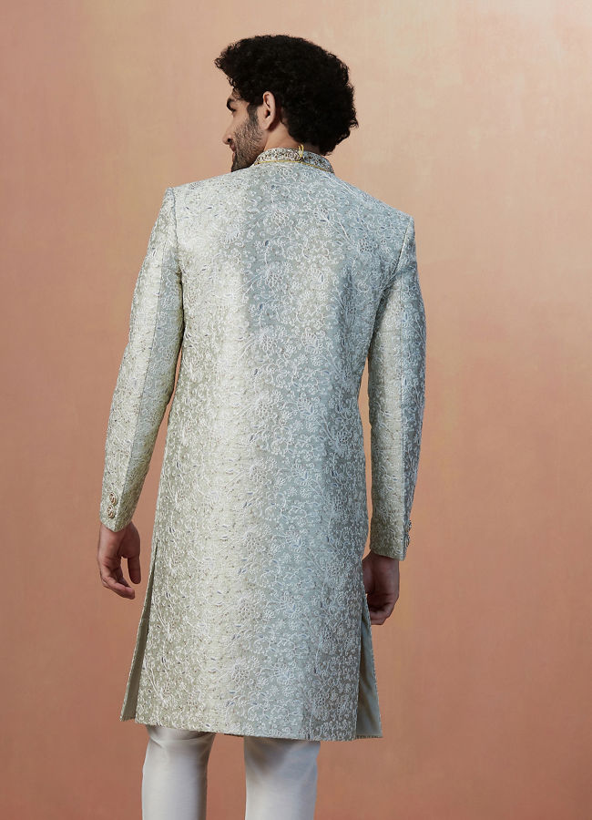 Manyavar Men Smoke Grey Self Embroidered Sherwani With Dupatta