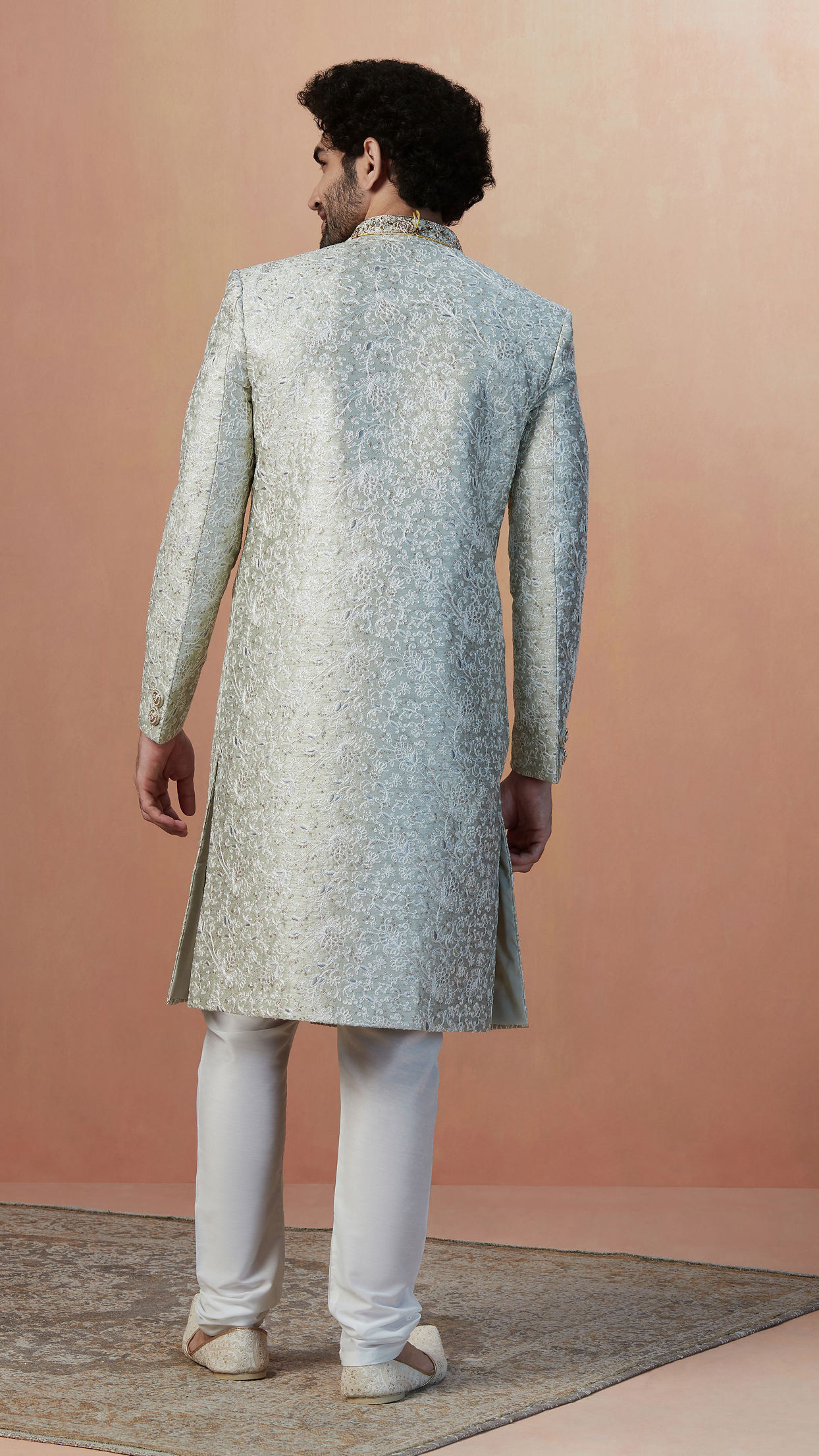 alt message - Manyavar Men Smoke Grey Self Embroidered Sherwani With Dupatta image number 2