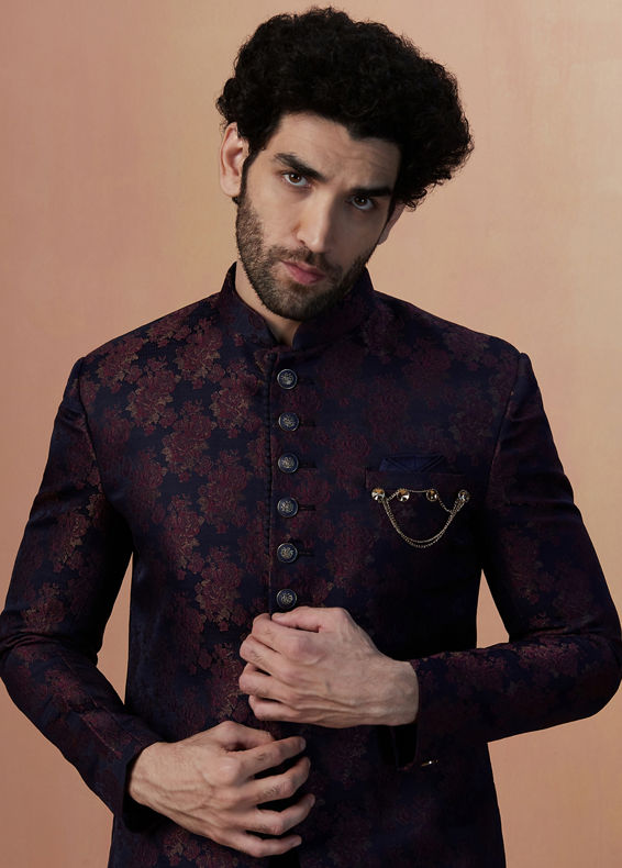 Manyavar Men Dark Blue And Maroon Self Design Draped Indo Western