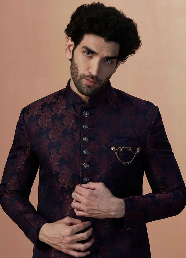 Manyavar Men Dark Blue And Maroon Self Design Draped Indo Western