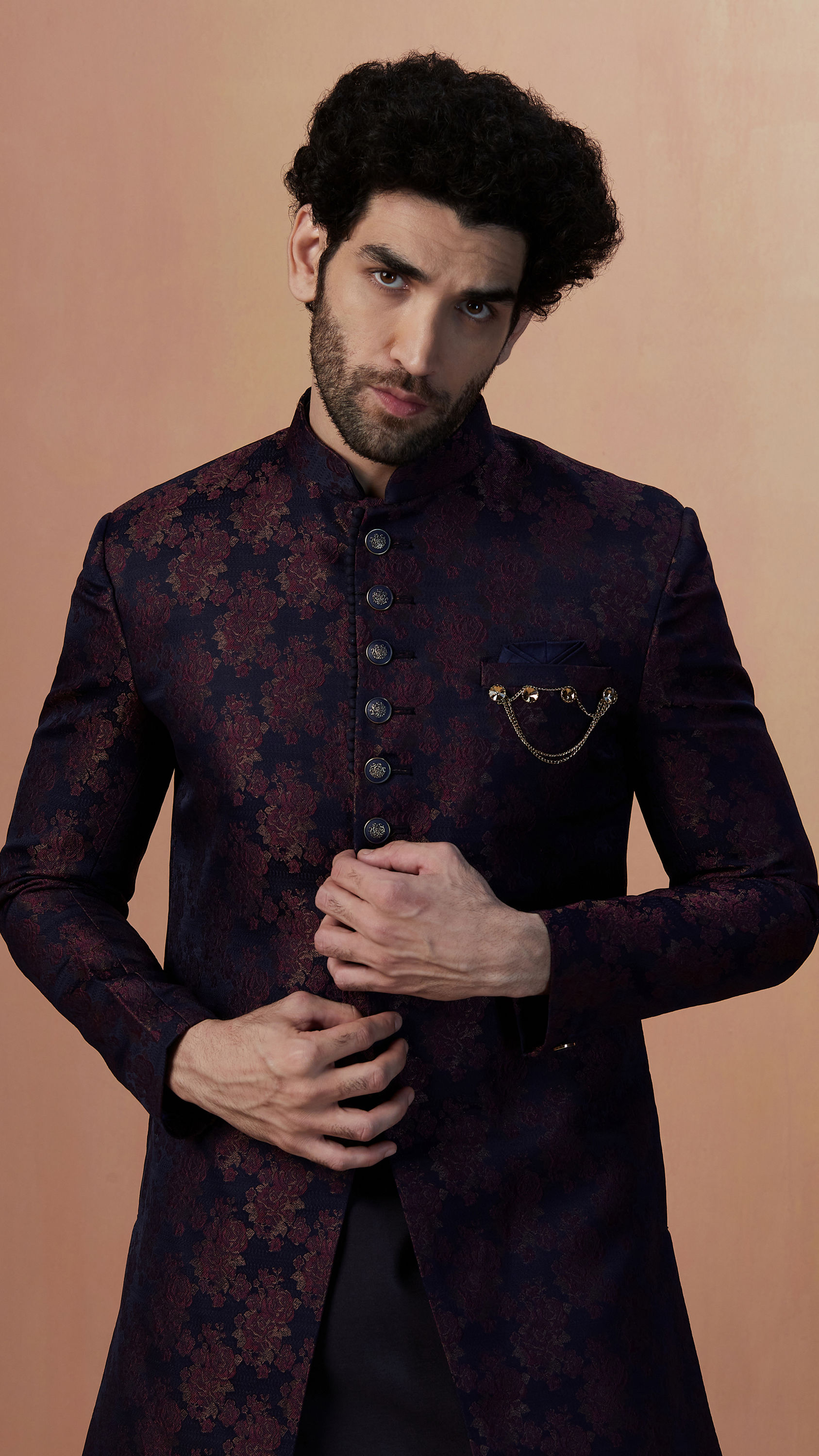 Manyavar Men Dark Blue And Maroon Self Design Draped Indo Western