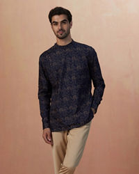 Manyavar Men Dark Navy Blue Floral Print Short Kurta