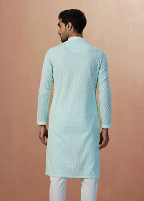 Manyavar Men Aqua Green Chikankari Kurta Pajama image number 3