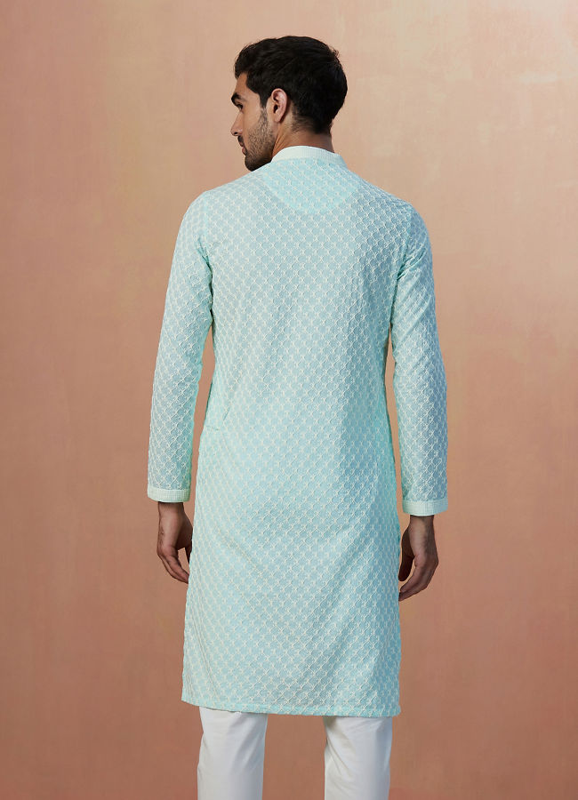 alt message - Manyavar Men Aqua Green Chikankari Kurta Pajama image number 3