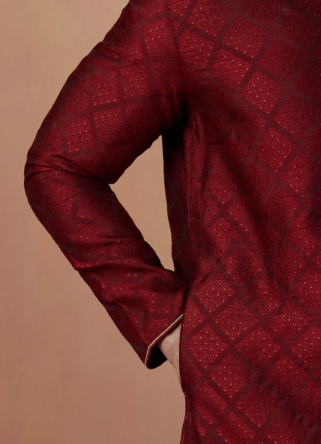 Manyavar Men Merlot Red Jacquard Kurta Pajama