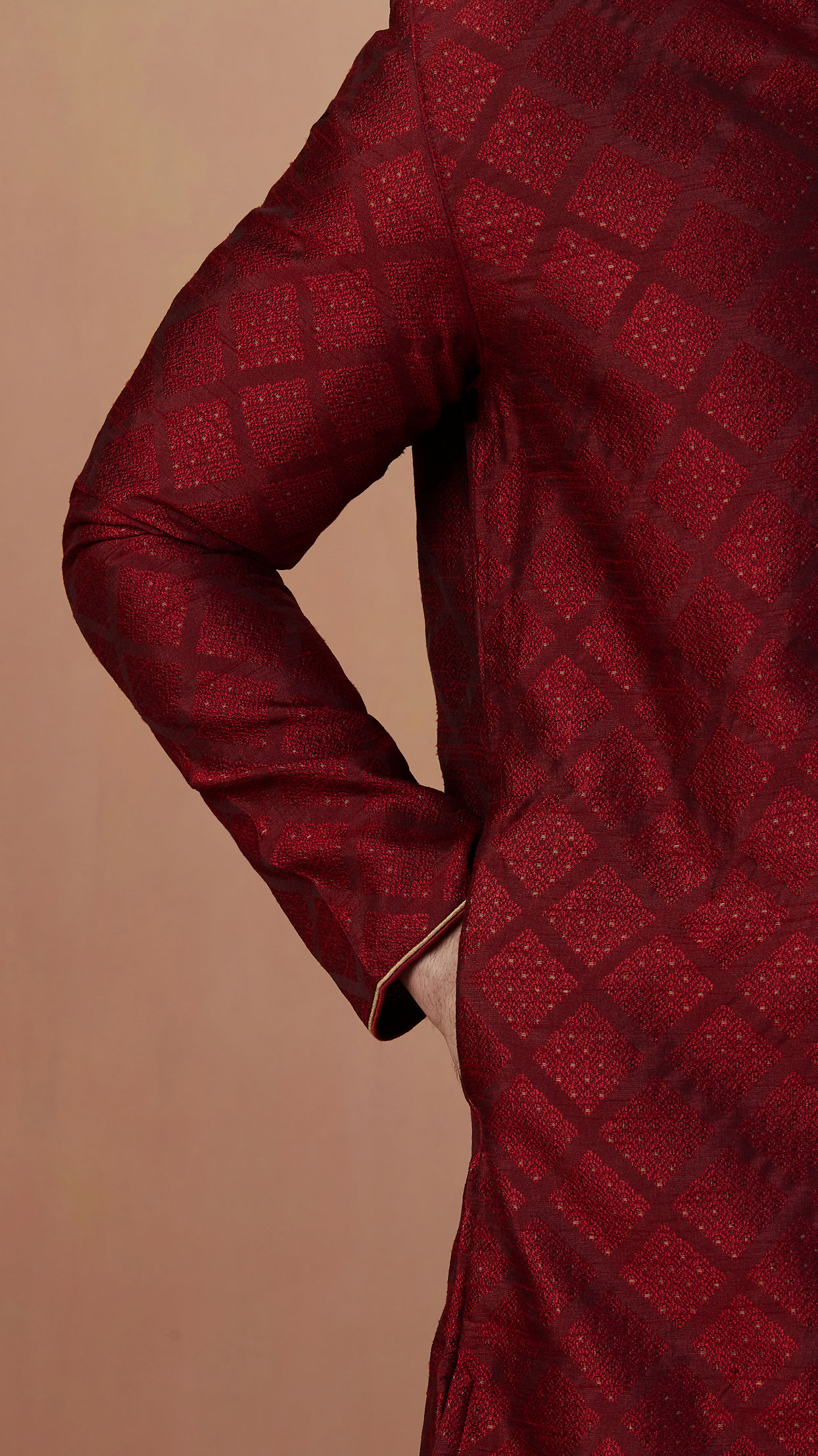 Manyavar Men Merlot Red Jacquard Kurta Pajama