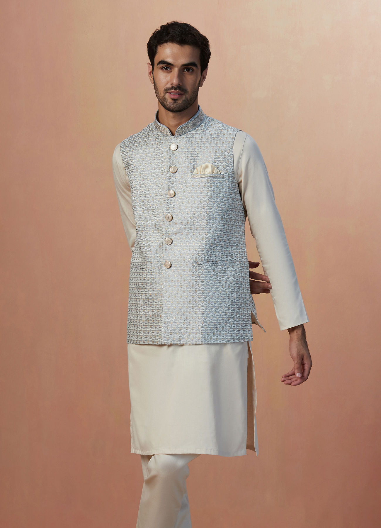 Manyavar Men Ash Grey Jacquard Jacket