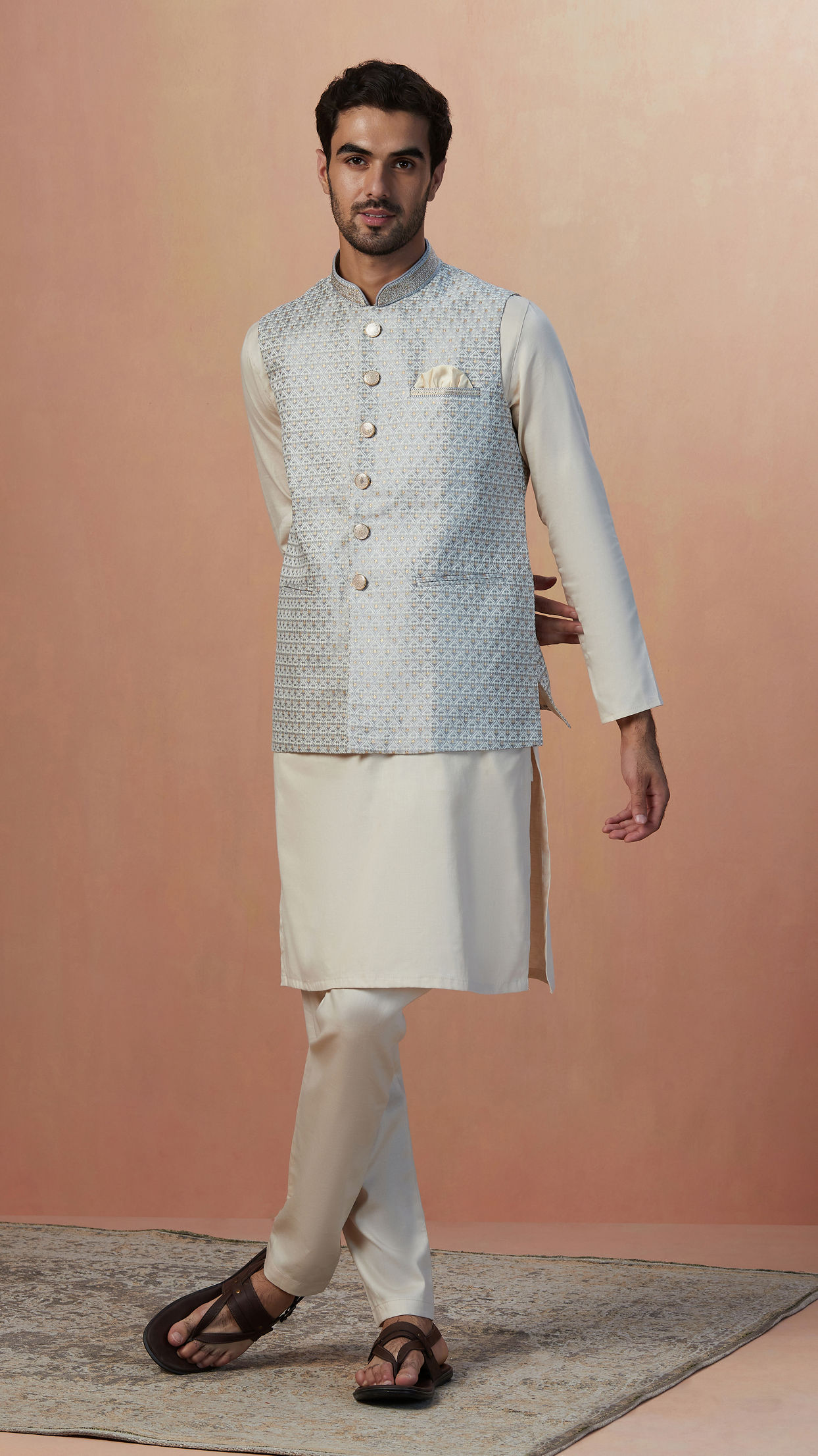 Manyavar Men Ash Grey Jacquard Jacket image number 1