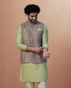 alt message - Manyavar Men Multicolored Jacket With Lime Green Kurta Set image number 1