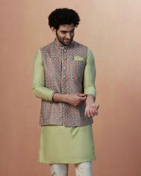 Manyavar Men Multicolored Jacket With Lime Green Kurta Set