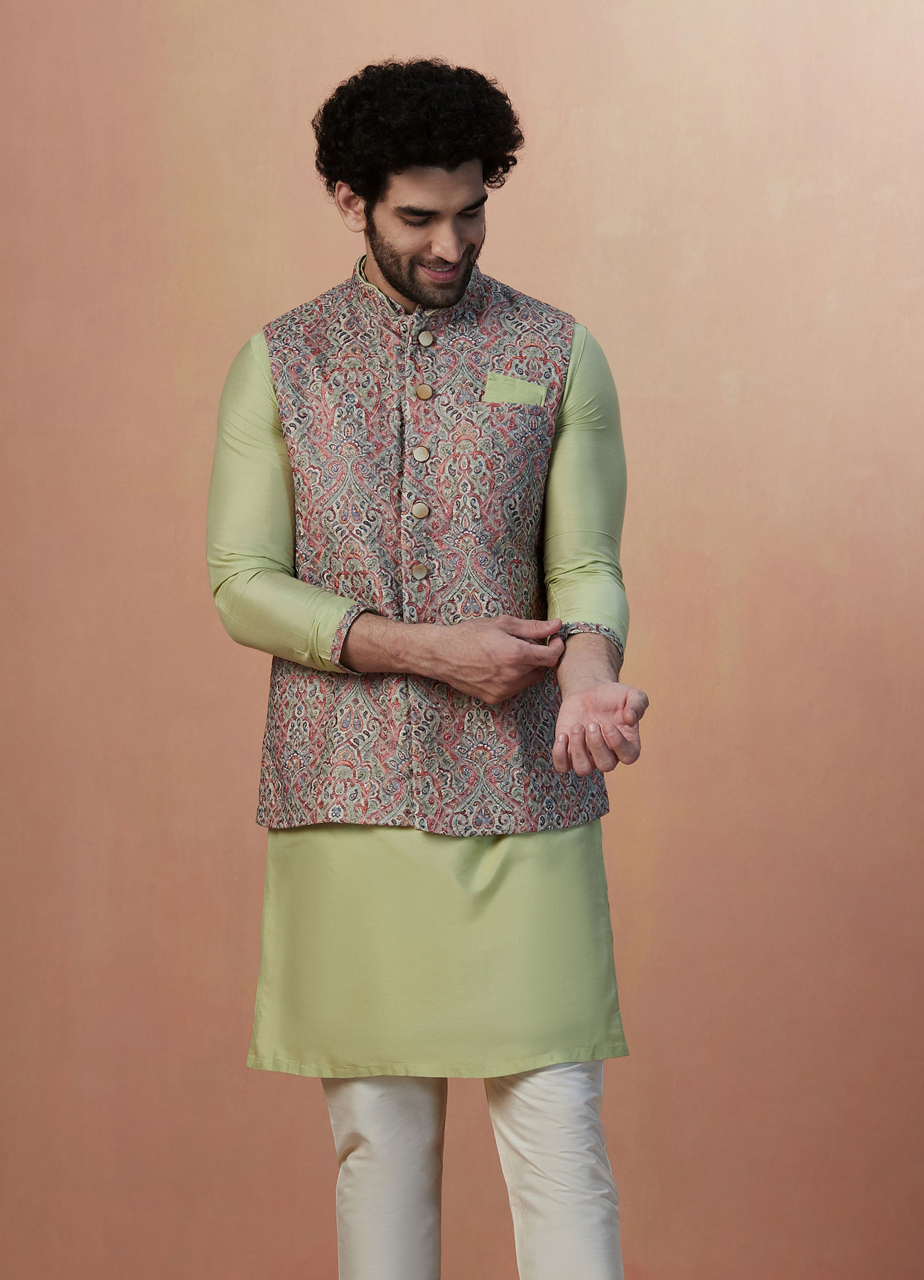 Manyavar Men Multicolored Jacket With Lime Green Kurta Set