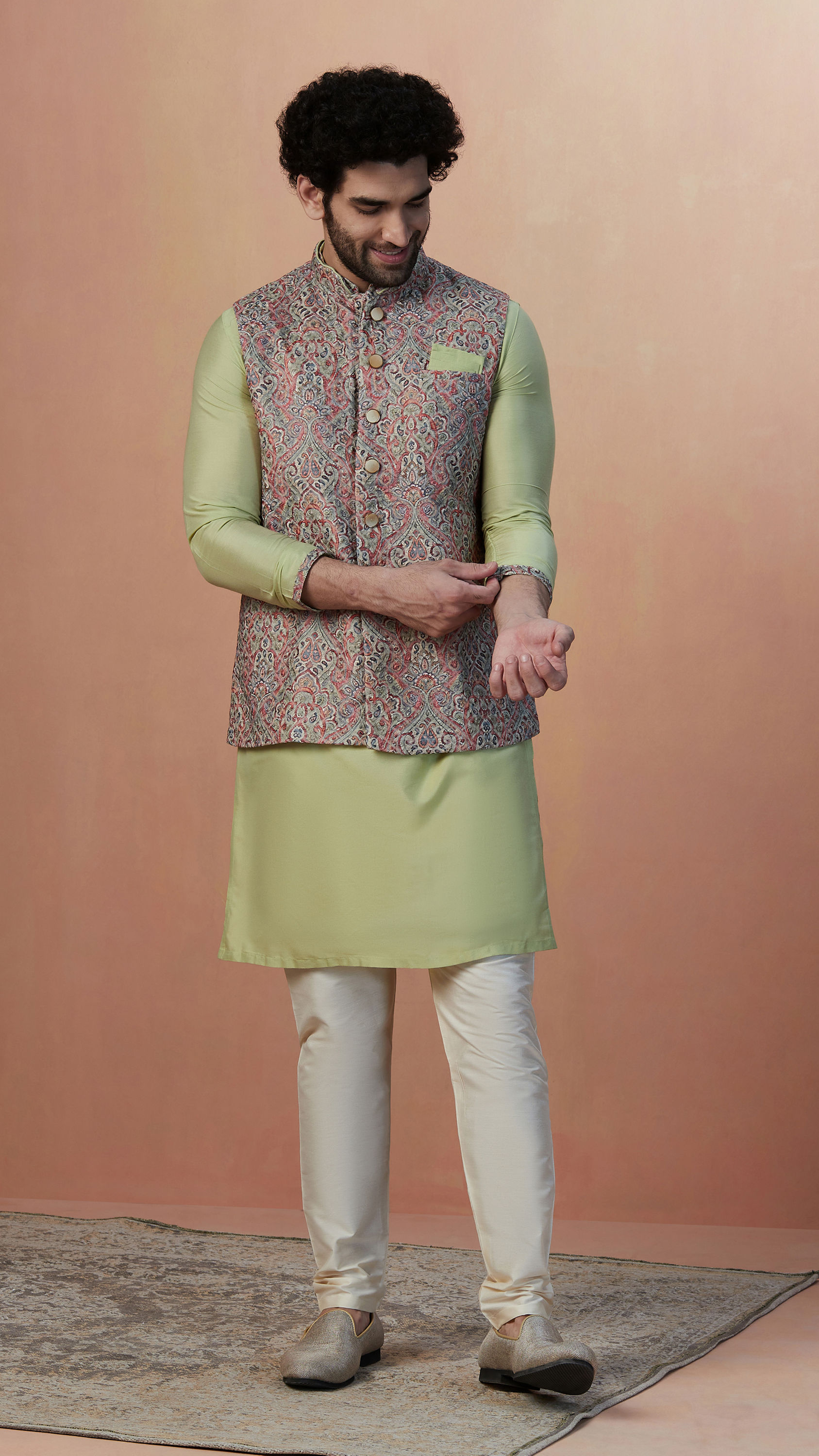 Manyavar Men Multicolored Jacket With Lime Green Kurta Set