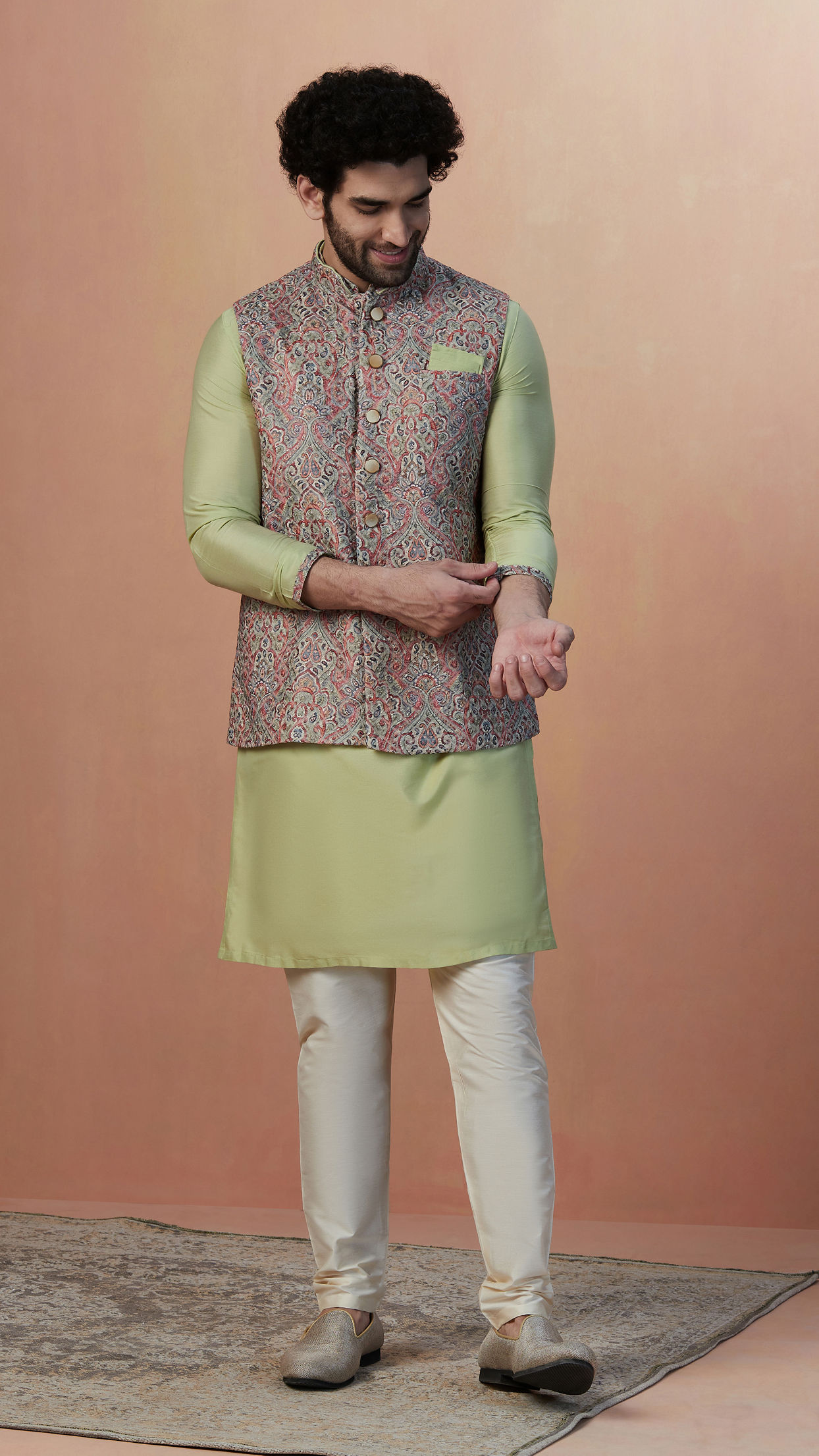 alt message - Manyavar Men Multicolored Jacket With Lime Green Kurta Set image number 1