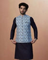 alt message - Manyavar Men Blue Printed Jacket image number 1