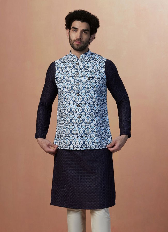 alt message - Manyavar Men Blue Printed Jacket image number 1