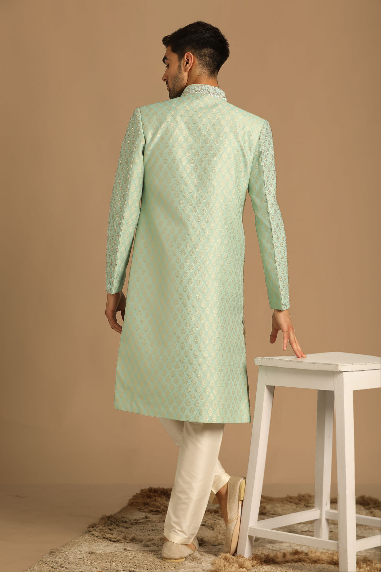 alt message - Manyavar Men Opal Green Sherwani image number 2