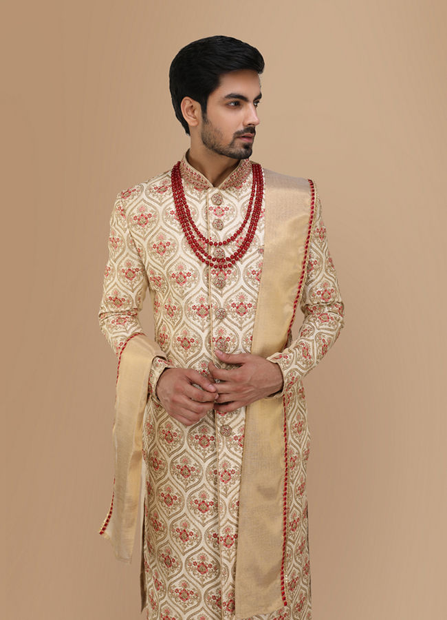 alt message - Manyavar Men Glamorous Biscuit Color Sherwani image number 0