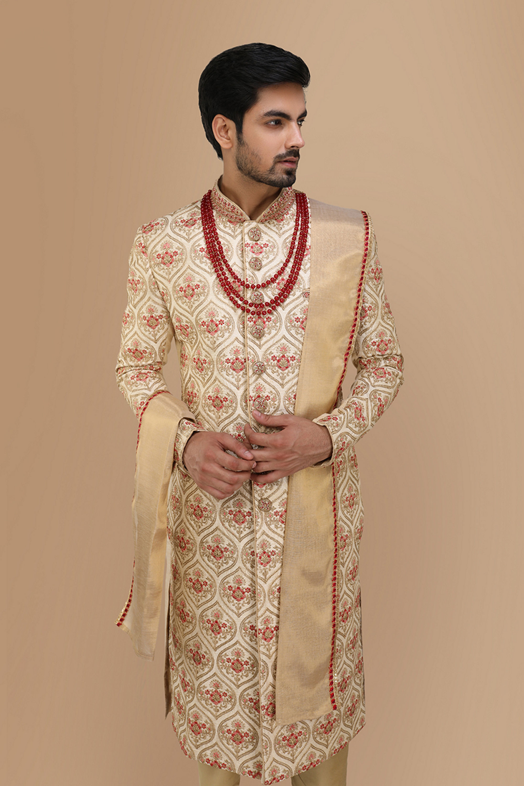 Manyavar Men Glamorous Biscuit Color Sherwani