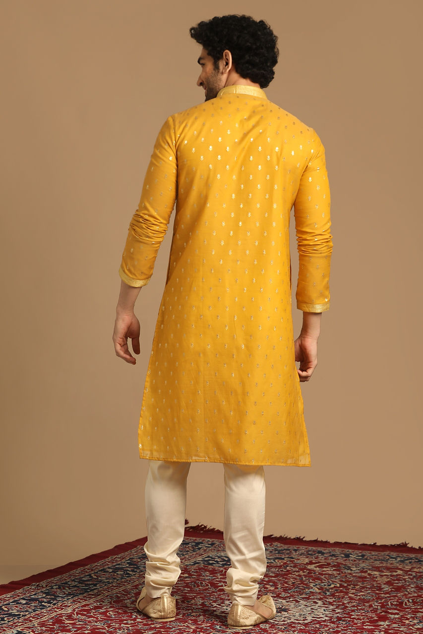 Manyavar Men Mustard Chanderi Kurta Set