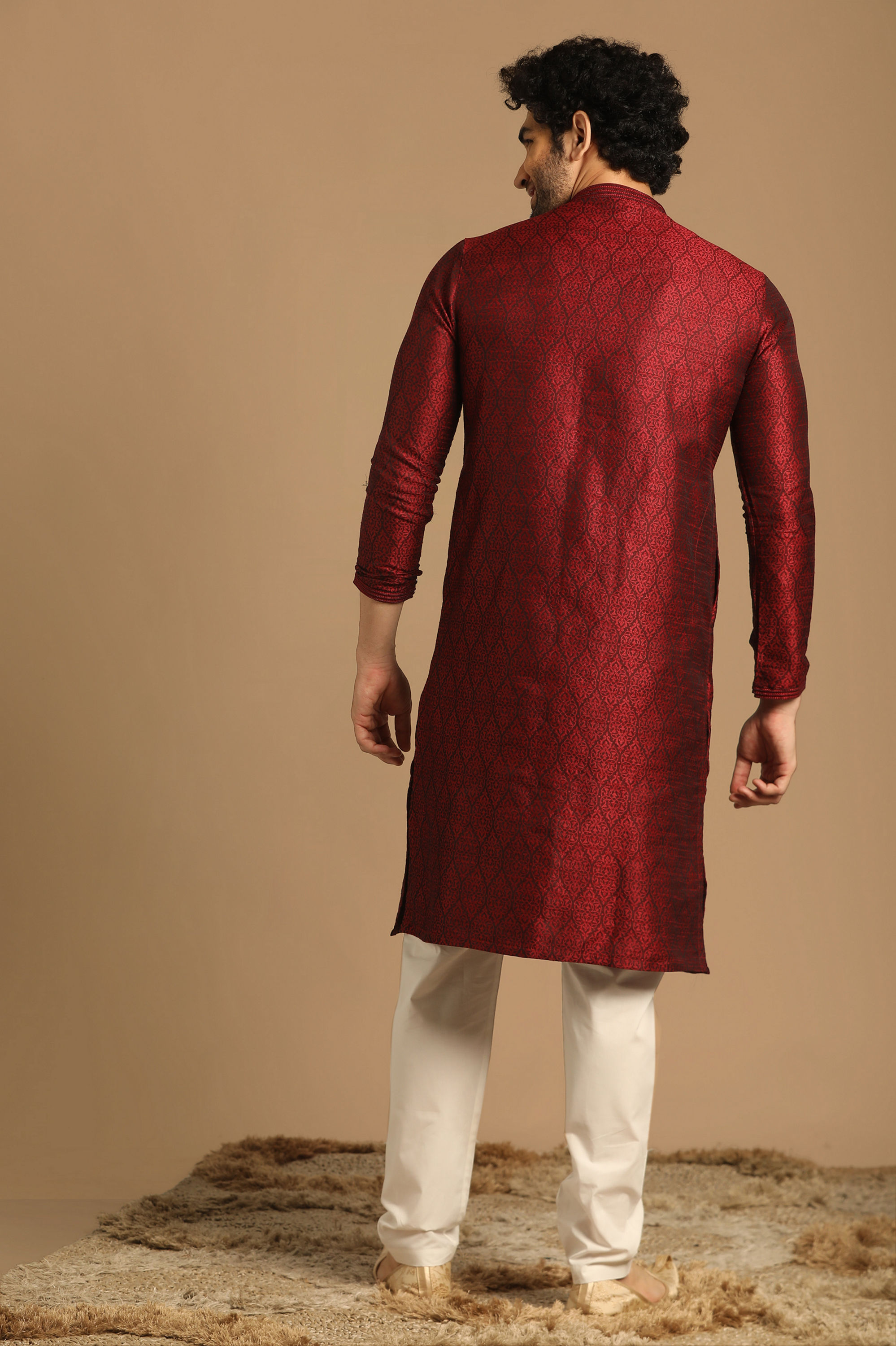 Manyavar Men Maroon Self design Kurta Set