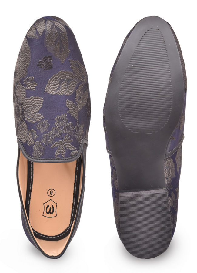 Manyavar Men Dark Blue Jacquard Floral Jooti