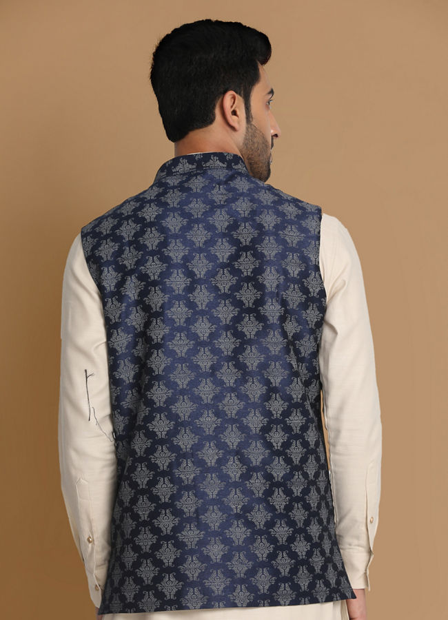 Manyavar Men Denim Blue Printed Jacket