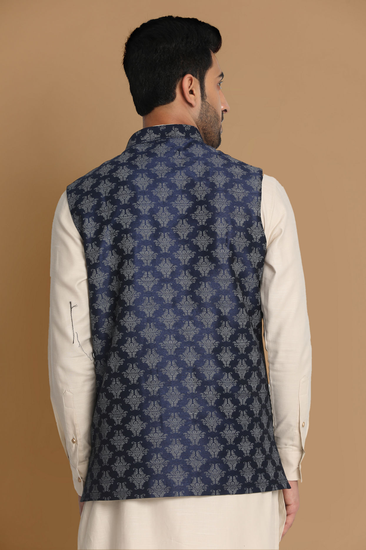 Manyavar Men Denim Blue Printed Jacket