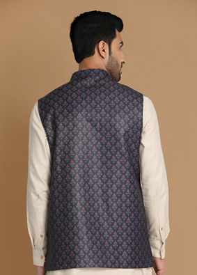 alt message - Manyavar Men Navy Blue Printed Modi Jacket image number 2