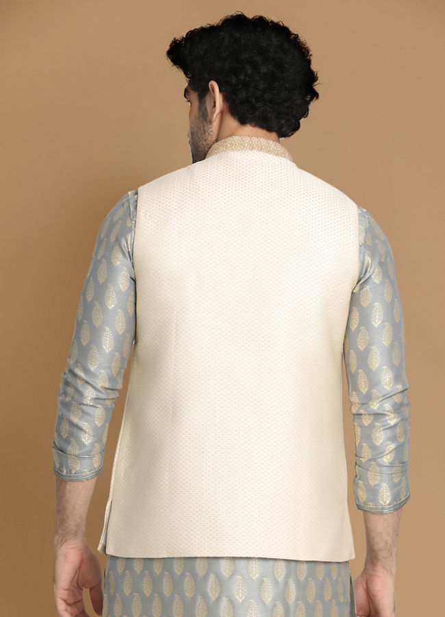 Manyavar Men Sea Shell White Self Design Modi Jacket
